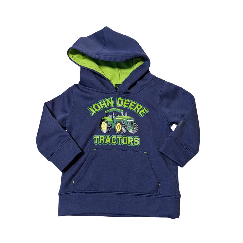 John Deere Kids Navy Tractor Graphic Green Lined Pullover Hoodie Sweatshirt 2T